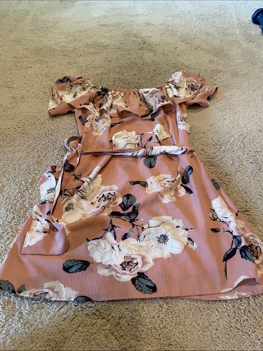 Off-Shoulder Pink Floral Casual Dress with Waist Tie